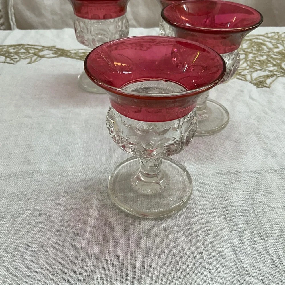 Vintage Cranberry Kings Crown Indiana Glass Cordial Liqueur Glasses Thumbprint 4